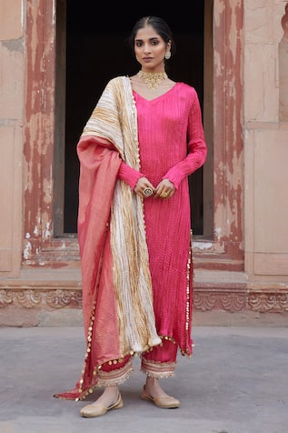 Etasha by Asha Jain Textured Metallic Coral Pink Kurta Set 