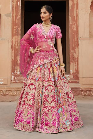 Etasha by Asha Jain Fuschia Pink Gajji Silk Lehenga Set 
