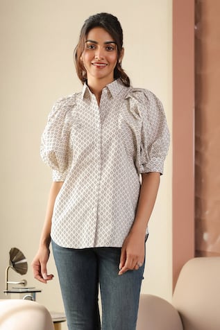 B'Infinite Beige Printed Puff Sleeve Shirt 