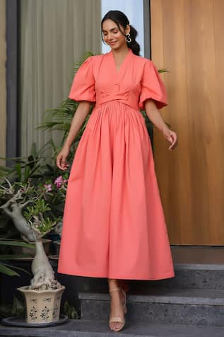 B'Infinite Puff Sleeve Cotton Midi Dress 