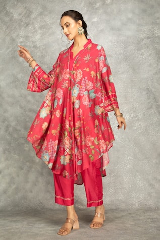 Tanu Malhotra Hot Pink Printed High Low Kurta Set 