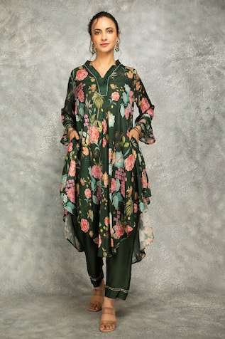 Tanu Malhotra Forest Green Printed High Low Kurta Set 