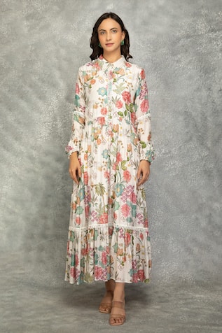 Tanu Malhotra Floral Printed Cotton Silk Maxi Dress 
