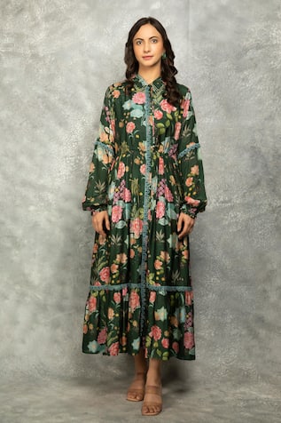 Tanu Malhotra Floral Printed Cotton Silk Midi Dress 