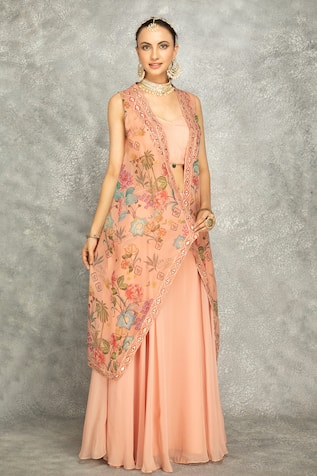 Tanu Malhotra Peach Mirror Embroidered Cape Skirt Set 