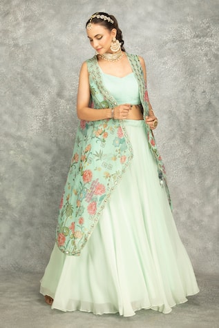 Tanu Malhotra Turquoise Mirror Embroidered Cape Skirt Set 