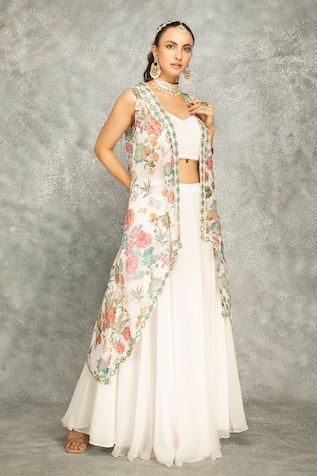 Tanu Malhotra Peach Mirror Embroidered Cape Skirt Set 