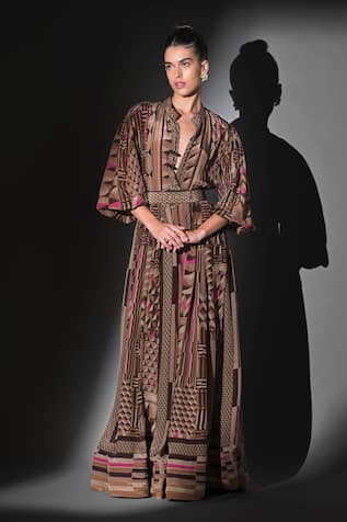 Nikita Mhaisalkar Geometric Print Brown Maxi Dress 