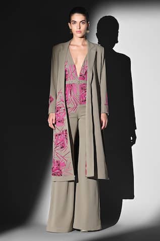 Nikita Mhaisalkar Beige Jumpsuit with Fuschia Embroidery 