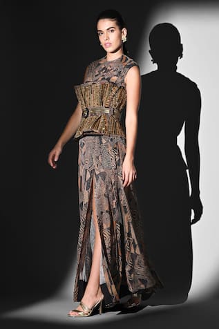 Nikita Mhaisalkar Brown Geometric Print Bodysuit & Skirt Set 