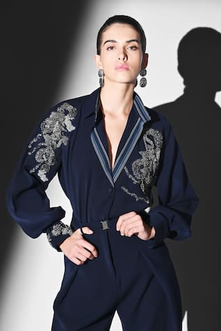 Nikita Mhaisalkar Indigo Blue Shirt with Bead Embroidery 