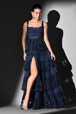 Nikita Mhaisalkar Indigo Swirl Print Peplum Top & Skirt Set 