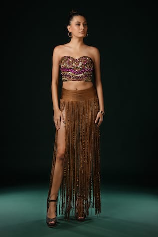 Nikita Mhaisalkar Brown Silk Fringed Skirt with Beaded Tassles 