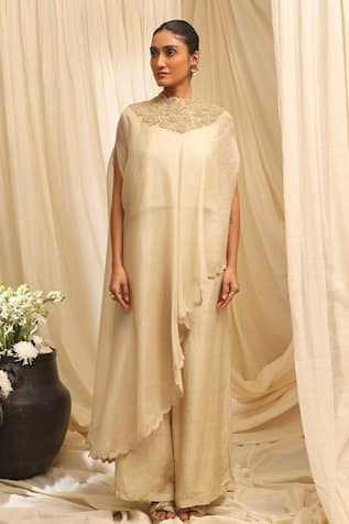 Ekru Beige Organza Cape Set 