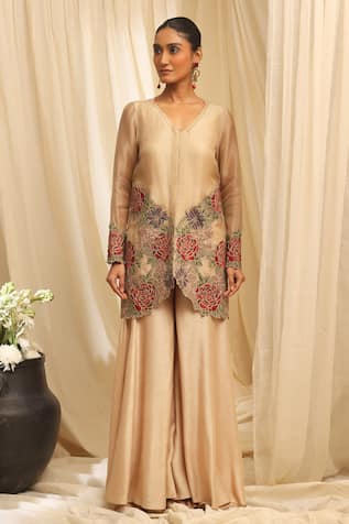 Ekru Beige Embroidered Jacket & Sharara Set 