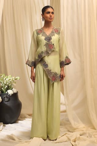 Ekru Floral Cascade Overlay Jacket & Pant Set 