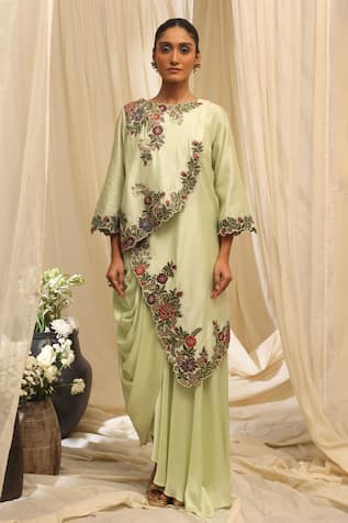 Ekru Geoflora Overlay Jacket & Drape Skirt Set 