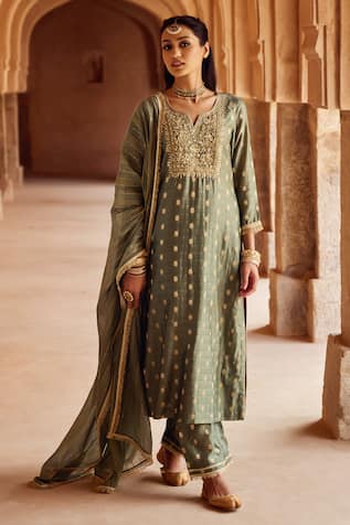 Kritika Dawar Sage Green Zari Embroidered Kurta Set 