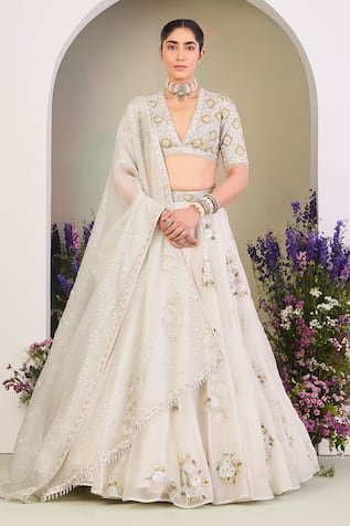 Sue Mue Floral Embroidered Silk Organza Lehenga Set 