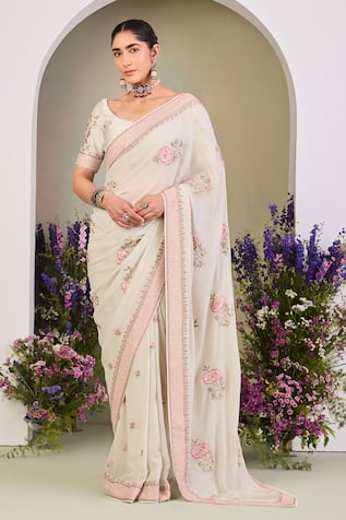 Sue Mue Floral Embroidered Georgette Saree Set 