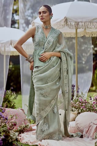 Sue Mue Sage Green 3D Embroidered Saree Set 