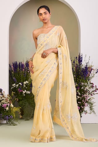 Sue Mue Pastel Yellow Embroidered Saree & Corset Blouse 