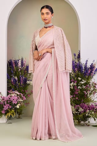 Sue Mue Pastel Pink Embroidered Saree Set 