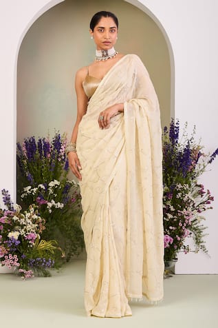 Sue Mue Light Yellow & Gold Embroidered Saree Set 
