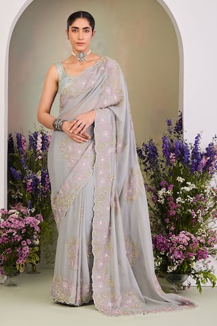 Sue Mue Grey Embroidered Georgette Saree Set 