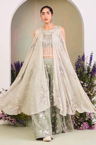 Sue Mue Sage Green Floral Embroidered Sharara Set 