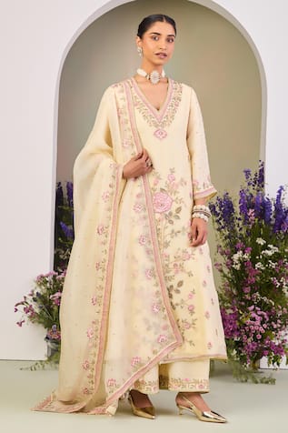 Sue Mue Light Yellow Embroidered Anarkali Set 