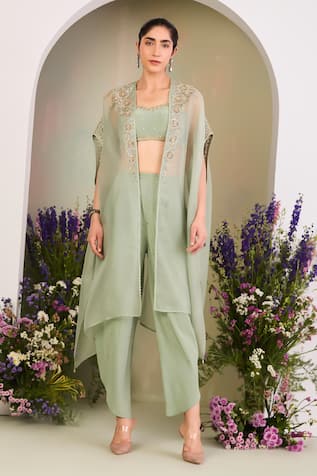 Sue Mue Sage Green Embroidered Cape & Pant Set 