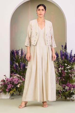 Sue Mue Embroidered Silk Chanderi Jumpsuit & Jacket 