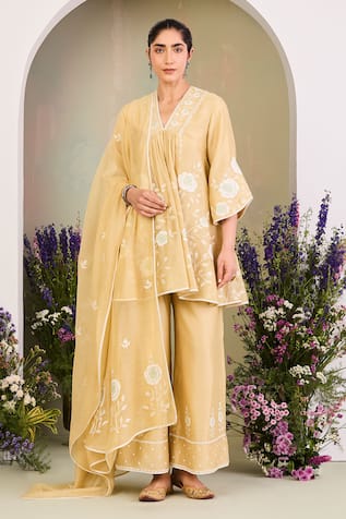 Sue Mue Pastel Yellow Embroidered Kurta Set 