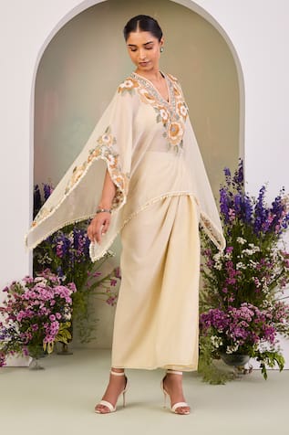 Sue Mue Light Yellow Embroidered Kaftan Set 
