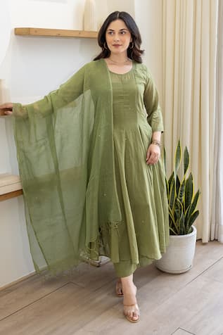 ASRUMO Olive Green Mulmul Anarkali Suit Set 