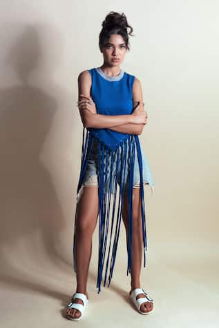 Style Junkiie Cafe Blue Tassel Crop Tee 