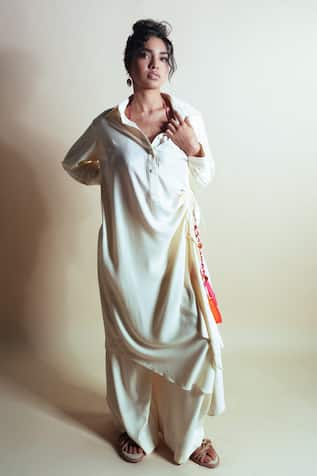 Style Junkiie Cream Rayon Twill Long Shirt Dress 