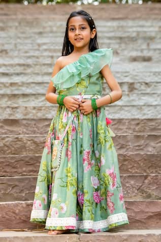 YUVRAANI JAIPUR Mint Green Printed One Shoulder Lehenga Set 