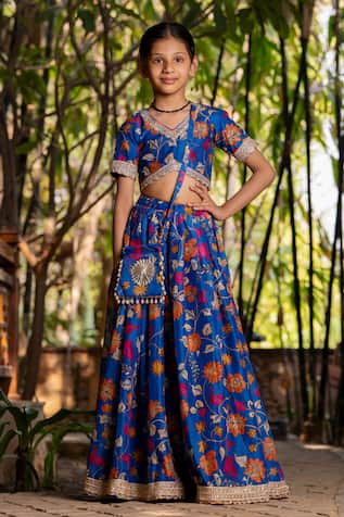 YUVRAANI JAIPUR Blue Printed Lehenga Set for Girls 