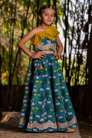 YUVRAANI JAIPUR Teal Blue One Shoulder Lehenga Set 
