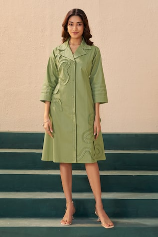 Savaaya Green Poplin Designer Midi Dress 