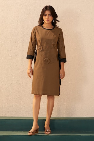 Savaaya Brown Poplin Designer Midi Dress 