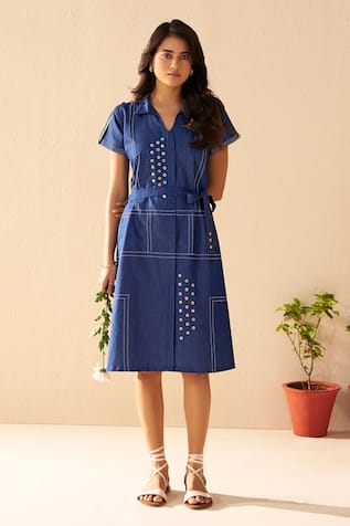 Savaaya Denim Designer Midi Dress With Belt 