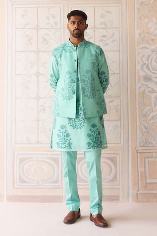 Shyam Narayan Prasad Plume Blue Chanderi Nehru Jacket Set 