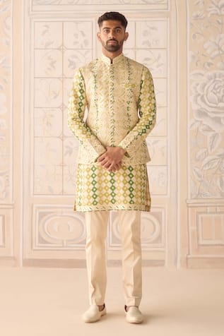 Shyam Narayan Prasad Ivory Jade Green Nehru Jacket Set 