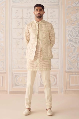 Shyam Narayan Prasad Antique White Nehru Jacket Set 