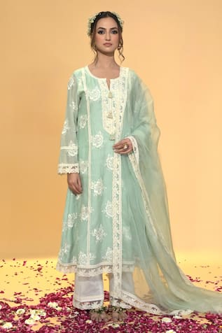 Rachit Khanna Sage Green Aline Embroidered Kurta Set 