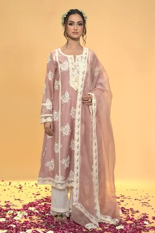 Rachit Khanna Dark Rose Gold Aline Embroidered Kurta Set 
