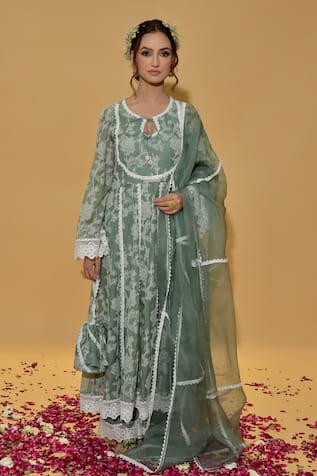 Rachit Khanna Forest Green Embroidered Anarkali Set 